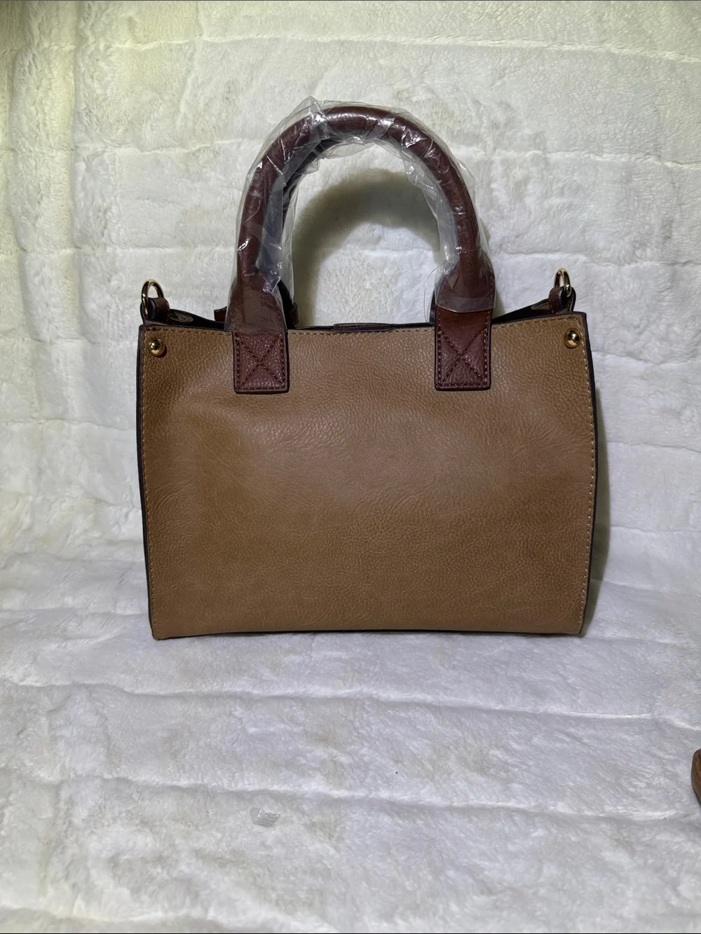 Tan & Brown Structured Tote Bag with snap in pouch and crossbody strap